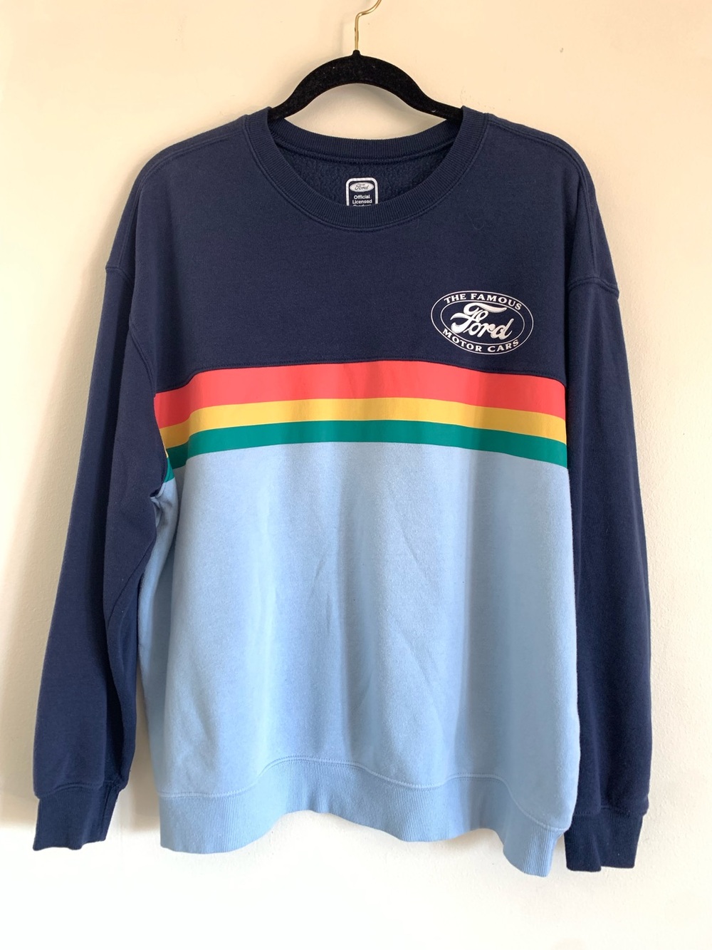 Ford Navy & Light Blue Crewneck Sweatshirt with Rainbow Stripes Xl